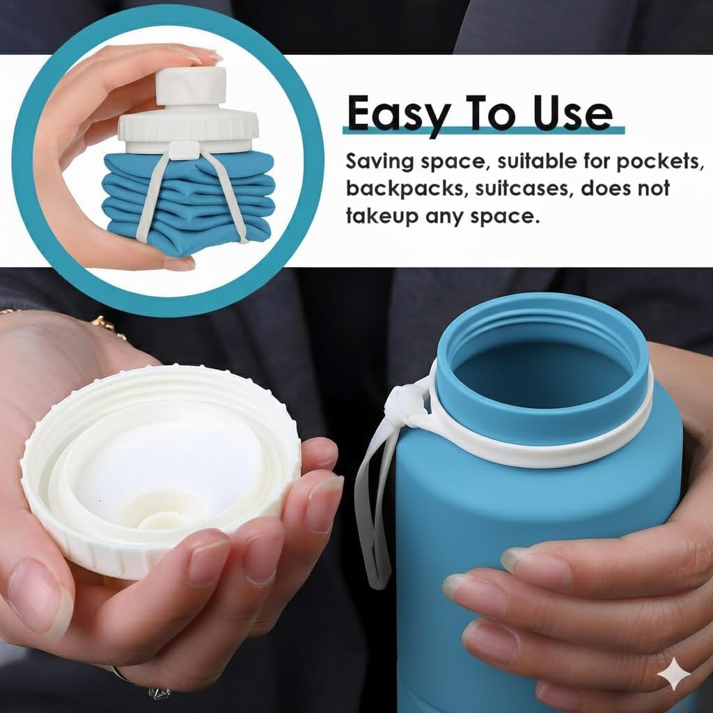 Folding Silicone Water Bottle | Collapsible Travel Water Bottle for Gym, Office, School, Cycling, Hiking & Outdoor Sports | Leak-Proof, Portable Bottle | 600 Ml (Blue)