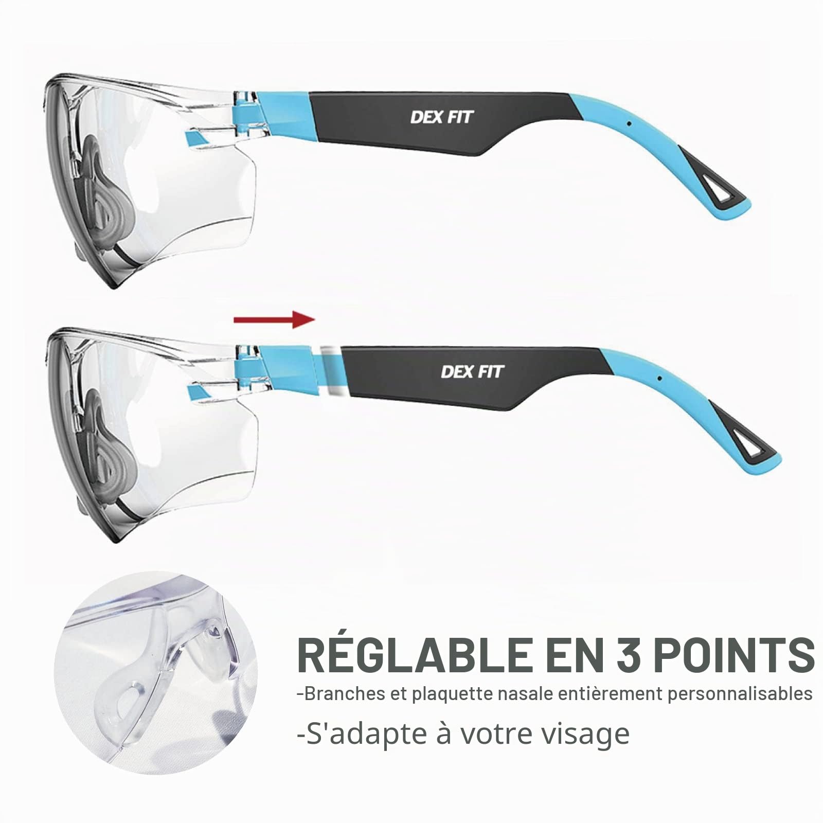 DEX FIT Lunettes de sécurité SG210 - Anti-buée & Anti-rayures, Protection Z87.1, Branches réglables, Grip antidérapant, Verres anti-UV385 pour Construction, Labo & Médical; Noir & Bleu, Lot de 6