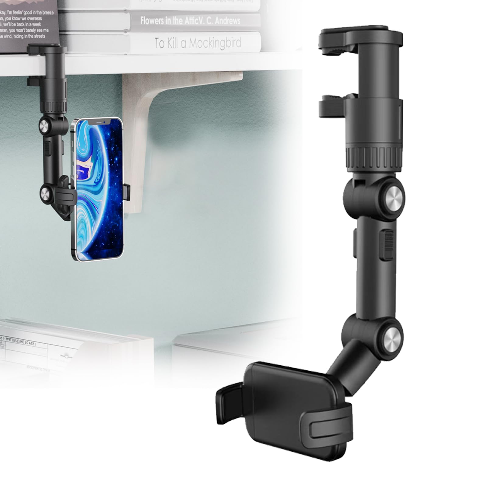 1 PC Car Retractable Rearview Mirror Mobile Phone Holder, Rotating Clip-on Multi-Functional GPS Holder, Multi-Scenario Portable Holder for Cars Offices, Universal for Most Cars (Black)