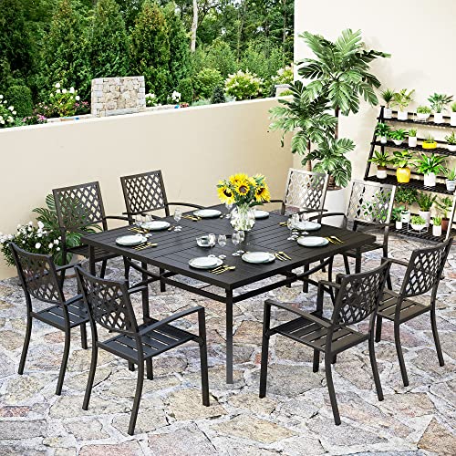 Phi Villa 9 Piece Patio Dining Set, Metal Outdoor 60" Square Table Furniture Set With 8 Backyard Armrest Stackable Chairs, Table With 1.57" Umbrella Hole For Patio, Deck #TOP1