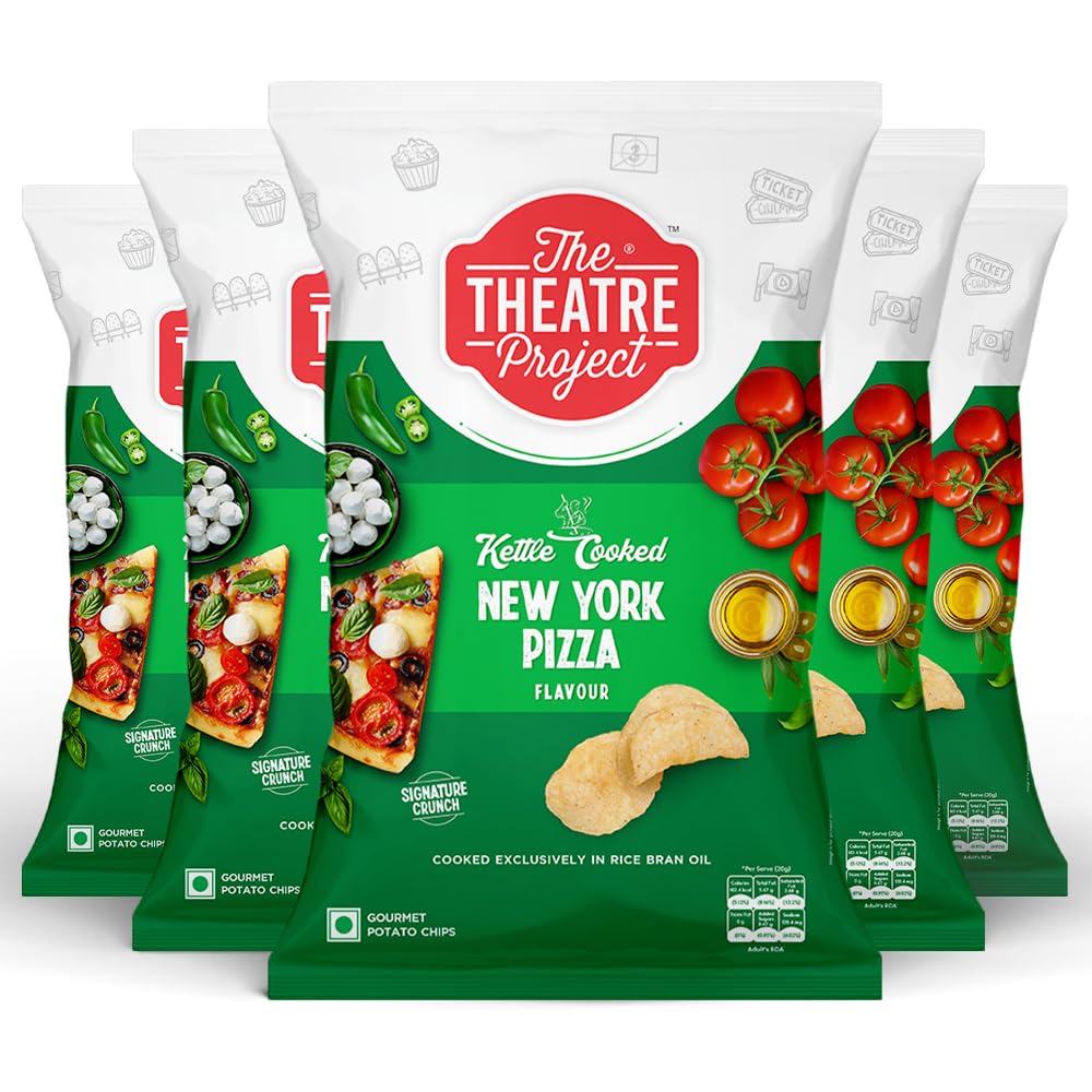 The Theatre Project Kettle Cooked Potato Chips - New York Pizza Flavour, Crispy, Gourmet Chips for Snacking Combo Pack of 5 Pouches (410g)