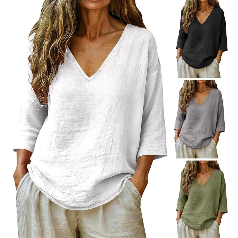 Pullover ampio casual con scollo a V da donna patchwork a maniche lunghe