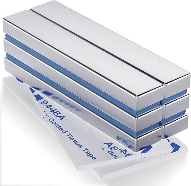 FINDMAG Magnets Strong, 6 Pack 60 x 10 x 5 mm Neodymium Magnets, Bar Magnets, Strong Magnet, Rare Earth Magnets with Double-Sided Adhesive, Extremely Powerful Fridge Magnet Bar for Multi-Use