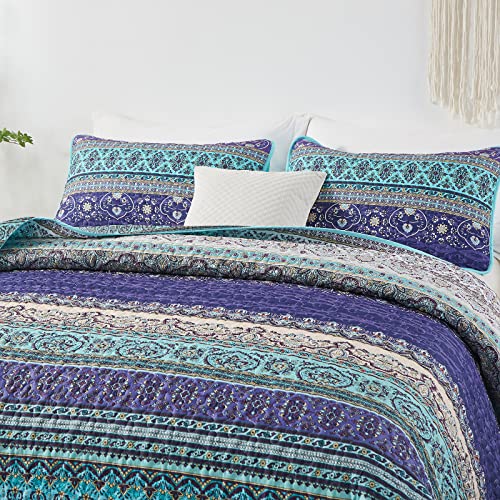 Goodidea Boho Quilt Set Queen Size, Bohemian Reversible Printed Bedspread Coverlet Set For All Season Soft Microfiber 3 Pieces Bedding Set (Purple, 96"X90") #TOP5