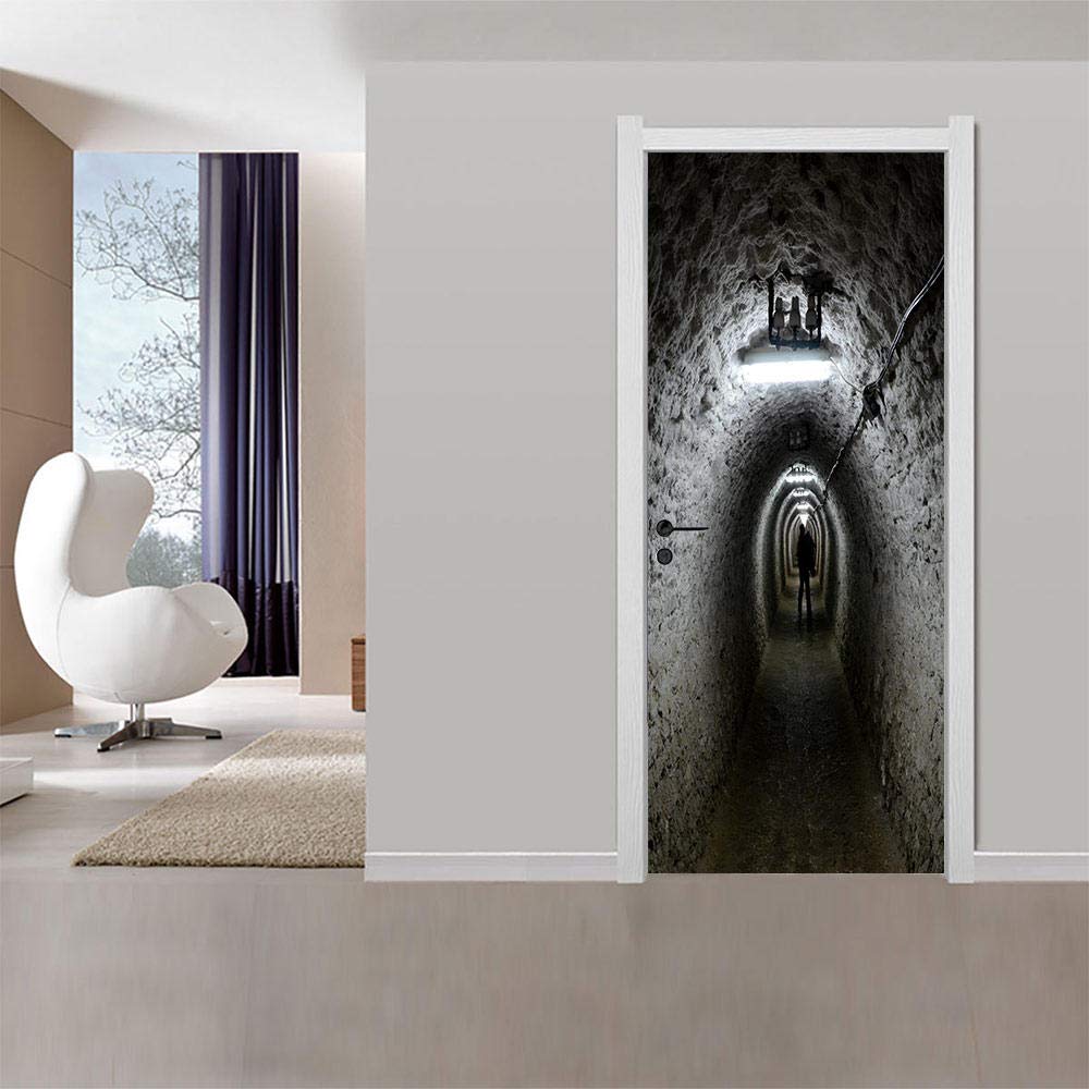 Autocollant Porte Affiche 3D Grotte et escalier Sticker Porte PVC Imperméable pour Décoration Mur Salon Cuisine Chambre Salle L77 x H200cm