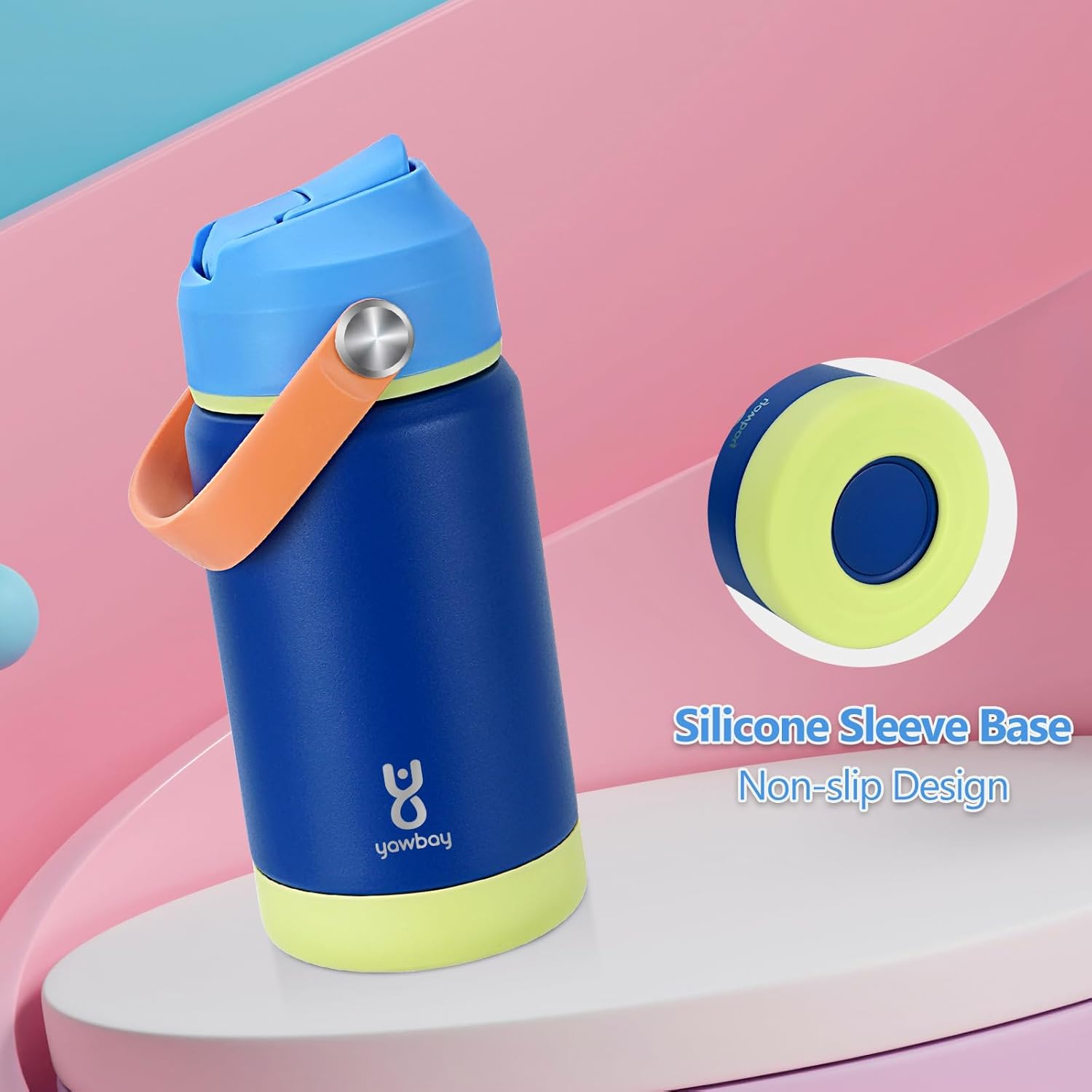 Kids Insulated Water Bottle with Straw Lid & Silicone Handle,12oz Kids Leak Proof Water Bottle for School Boys Girls,Double Wall Vacuum Stainless Steel with Non-slip Silicone Base(Dark Blue) - Image 3