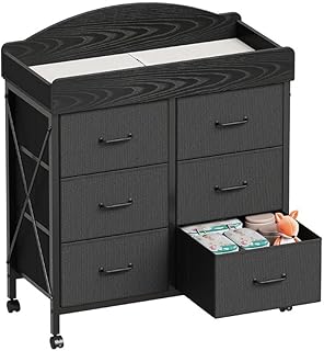 Yetom Baby Changing Table Dresser with Wheels, 6-Drawer Baby Dresser with Changing Table Top, Waterproof Diaper Changing Station & Pad, Mobile Nursery Storage Unit, Compact Baby Furniture, Black