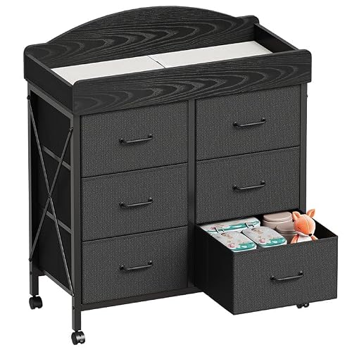 Yetom Baby Changing Table Dresser with Wheels, 6-Fabric Drawer Baby Dresser with Changing Table Top, Waterproof Diaper Changing Station & Pad, Mobile Storage Unit, Compact Baby Furniture, Black