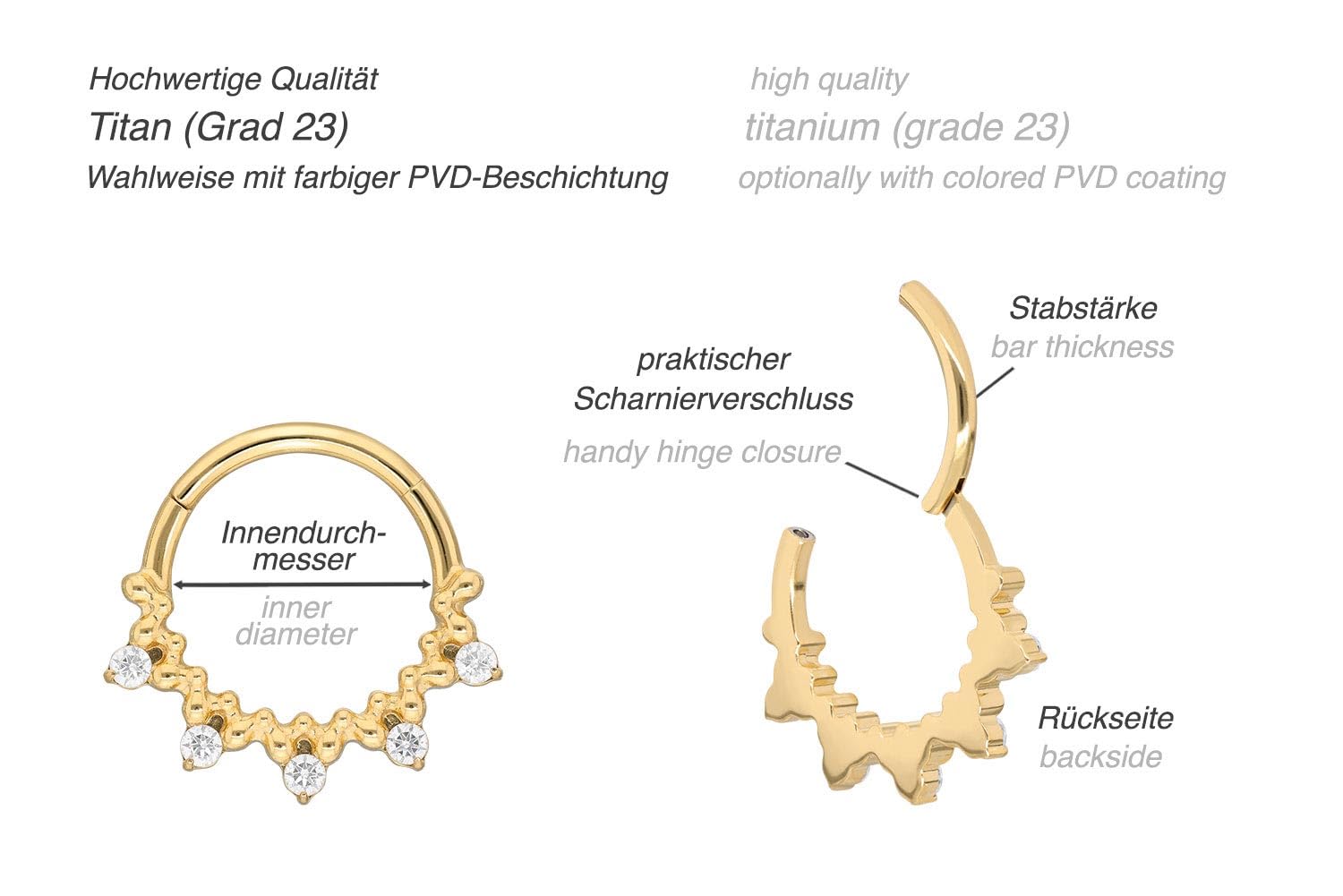 PIERCINGLINE Piercing Ring Titan Segmentring Clicker 5 KRISTALLE + KUGELN - Roségoldfarben, Schwarz, Goldfarben, Silberfarben