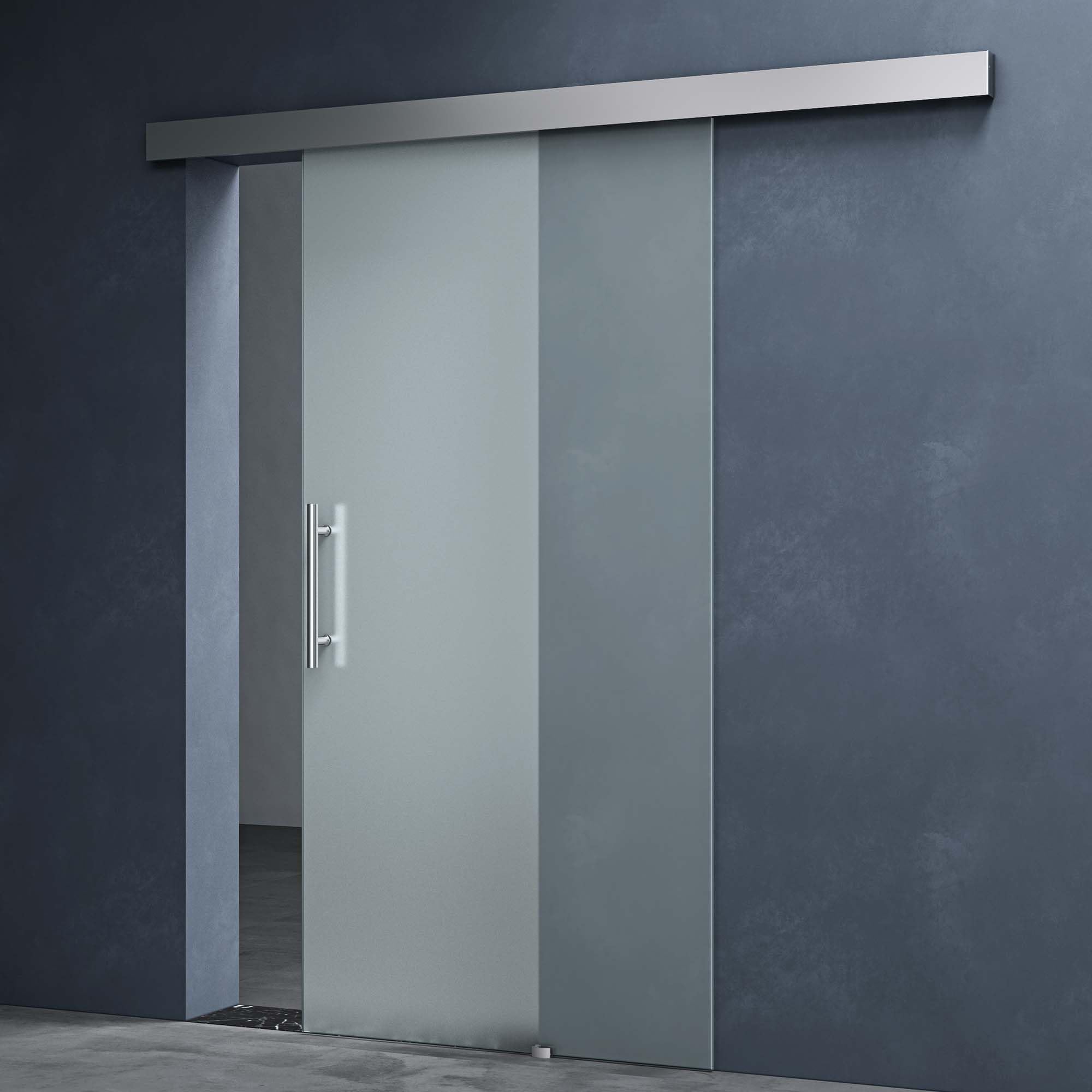 Mai & Mai Glasschiebetür komplettset 77,5x215cm Vollsatiniert | Zimmertür, Griffart: Stangengriff, 25 mm Wandabstand, 8mm ESG-Sicherheitsglas Amalfi