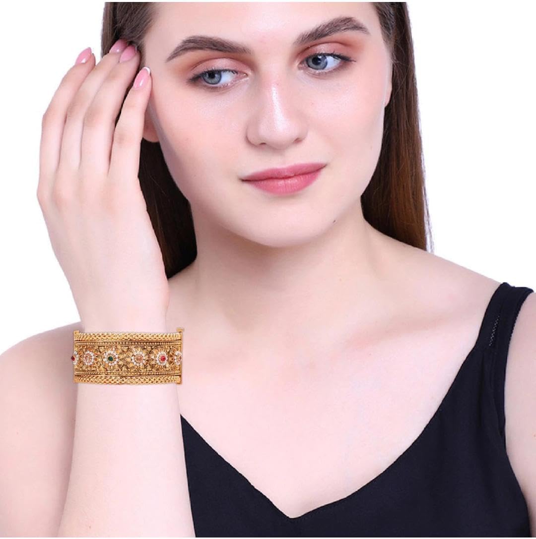 Efulgenz Indian Bangles for Women Gold Tone Bracelet Bangle Set Crystal Floral Engraved Style Hinge Openable Big Broad Bracelet Bangles Indian Bridal Jewelry for Wedding Bollywood Fashion Jewelry (2 Pcs)