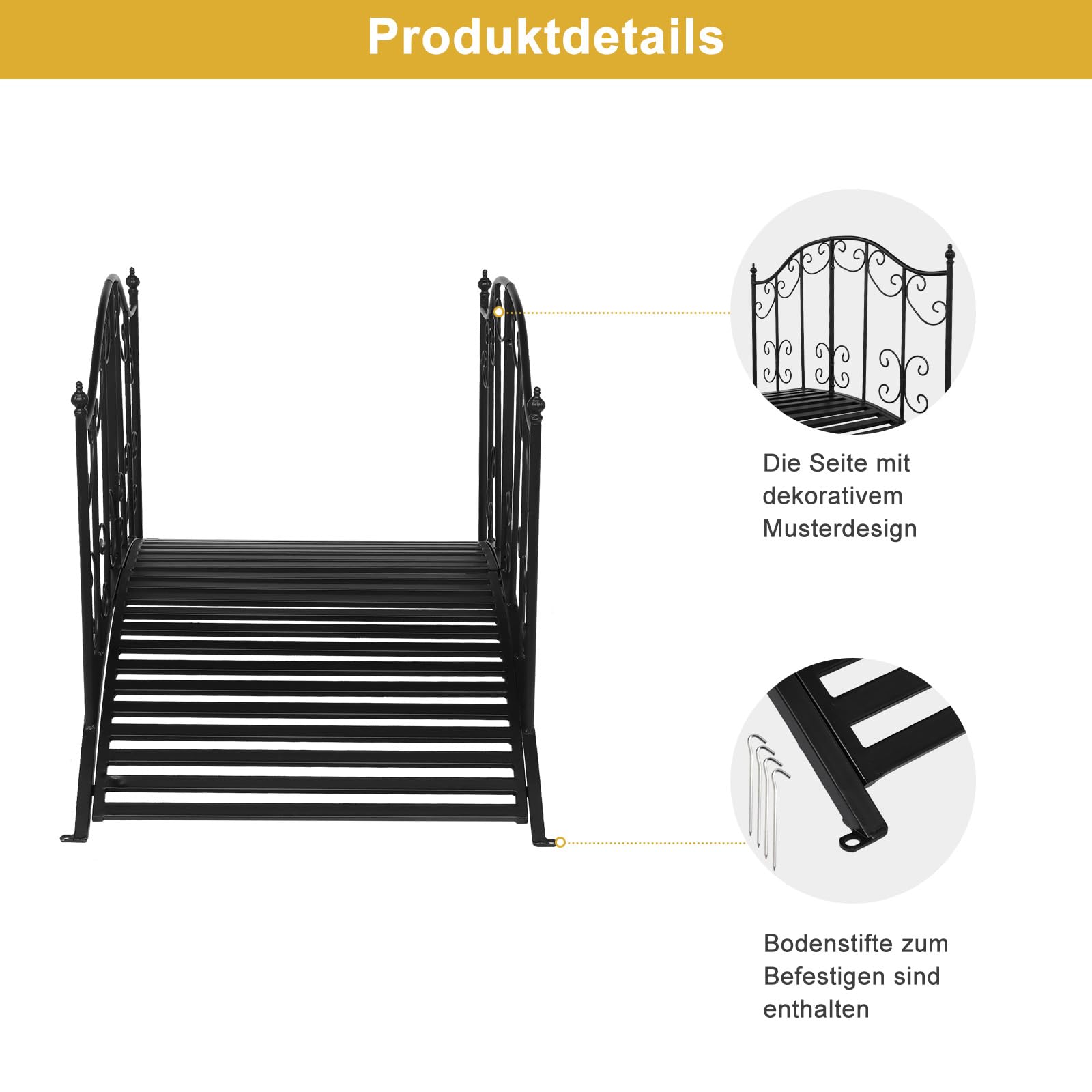 Bonnlo Gartenbrücke Metall 120cm, Teichbrücke mit kunstvoll gemustertem Geländer, Brücke Stabil und Wetterfest, bis 204 kg belastbar, Zierbrücke für Garten, Teich und Bach,Schwarz