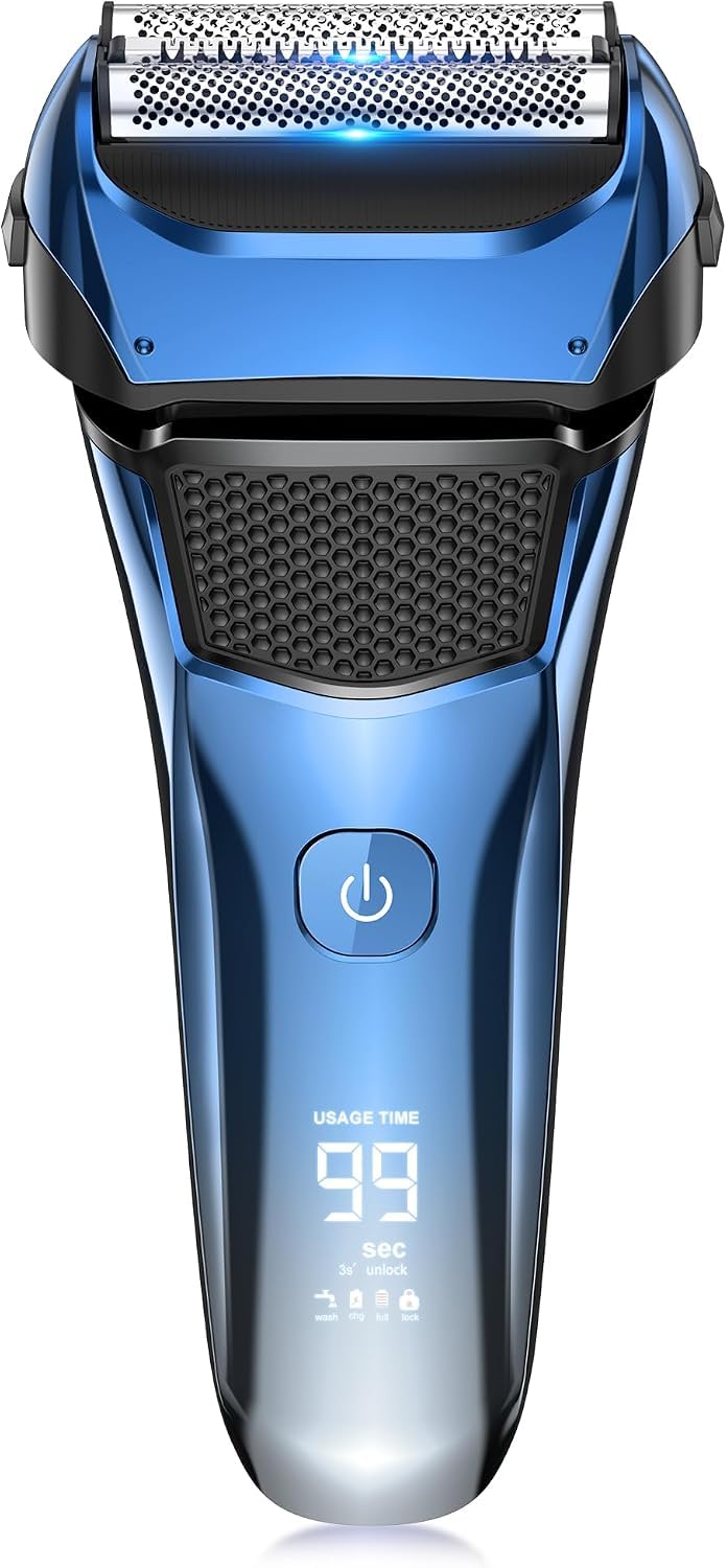Rasoir électrique pour homme 100 % étanche avec lames flottantes pour un rasage de près, tondeuse à barbe rechargeable, 100 min d'utilisation, LED intelligente, verrouillage de voyage