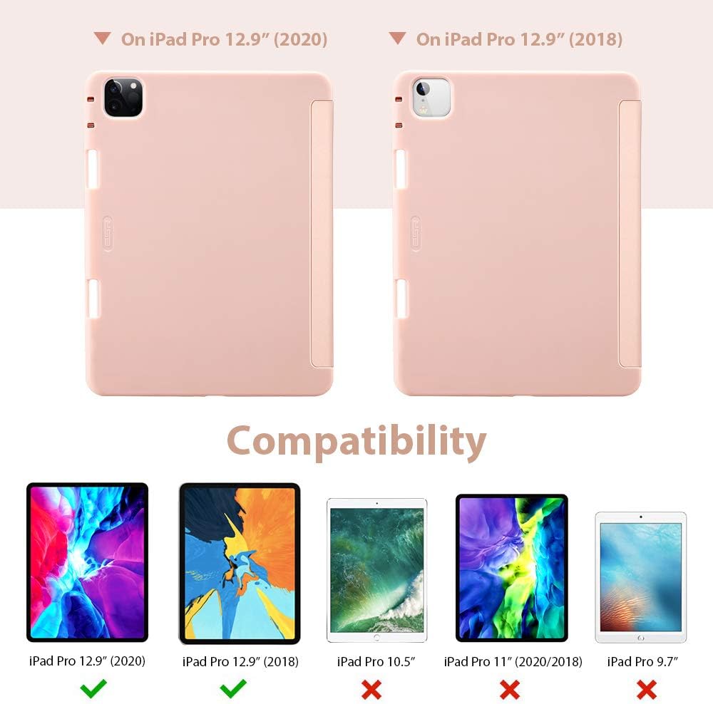 ESR for iPad Pro 12.9" Case 2020 & 2018 with Pencil Holder, Rebound Pencil iPad Case with Soft Flexible TPU Back Cover, Auto Sleep/Wake, and Multiple Viewing Stand Modes - Rose Gold