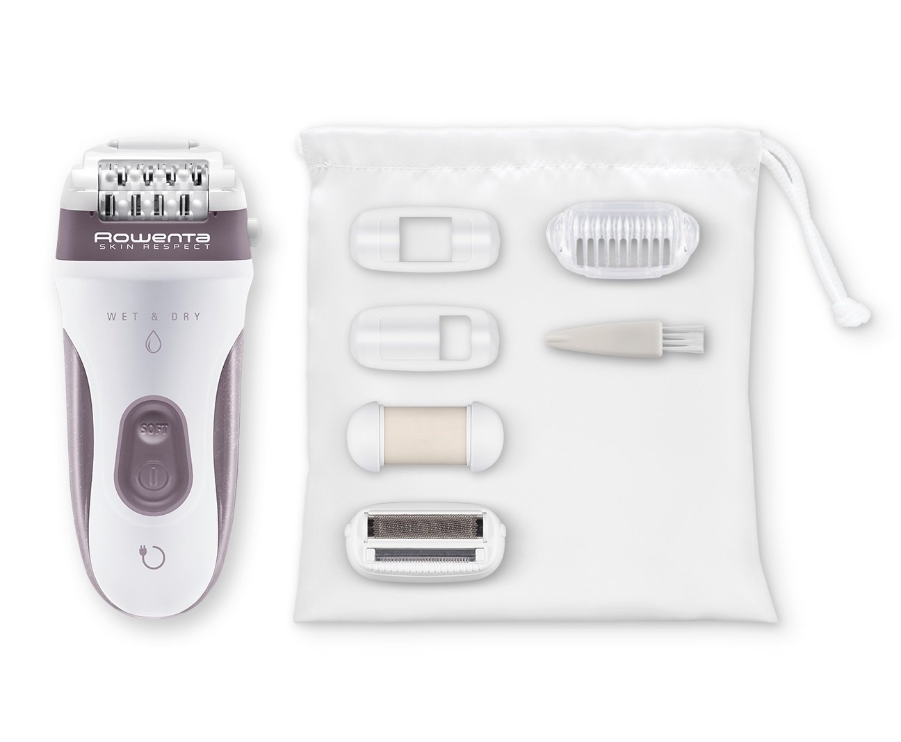Rowenta Skin Respect EP8060F0 bezprzewodowa i do stosowania pod wodą, 24 pęsety z głowicą do peelingu i golarką, nakładką pod pachy, głowica trymerowa ze szczotką do czyszczenia i kosmetyczką