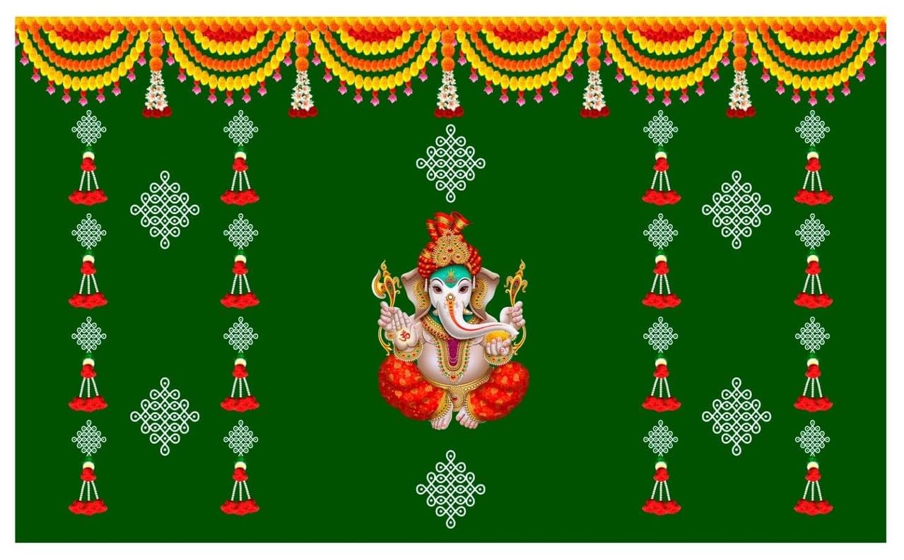 Ganesh Backdrop Decoration Cloth for Pooja Traditional House Warming Flowers Curtain 8X5 Cloth-image-41