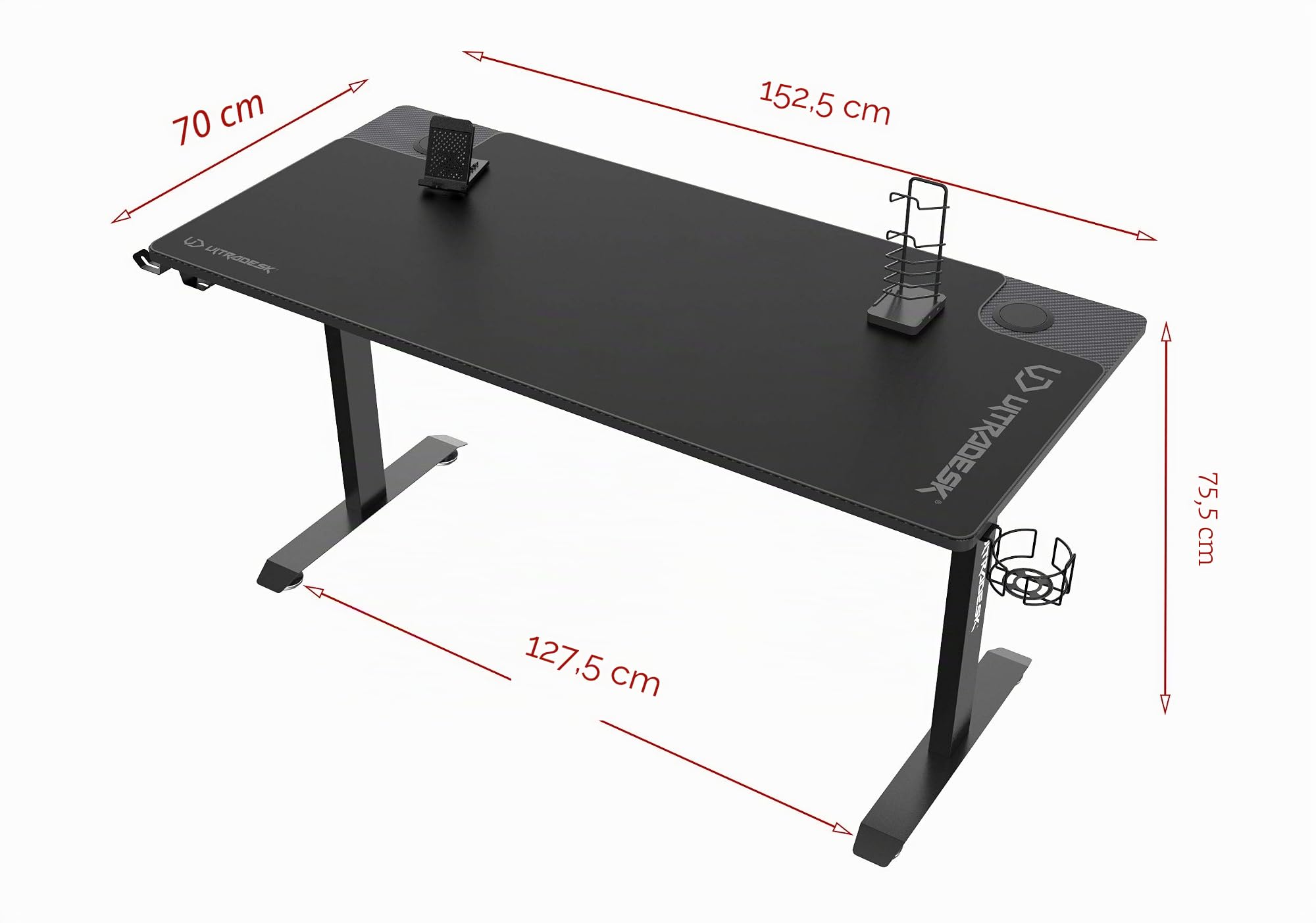 ULTRADESK Momentum|Sedia Da Gioco Ergonomica Con Ampio Spazio Di Lavoro, Pad XXL, Supporto Per Cellulare, Portabicchieri|Costruzione In Acciaio Con Rinforzi, Portante Fino A 130 kg | Nero, 152,5x70 cm