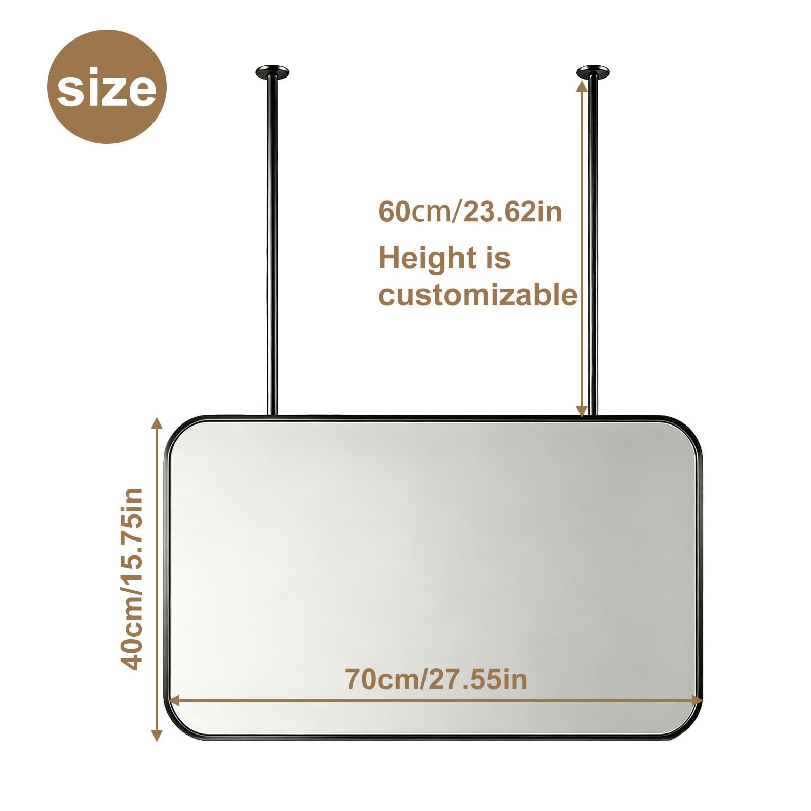 Luyckfrazy Specchio con asta sospesa rettangolare arrotondata montato a soffitto, specchi sospesi decorativi per il piano del tavolo dell'ingresso del soggiorno(40cmx70cm)