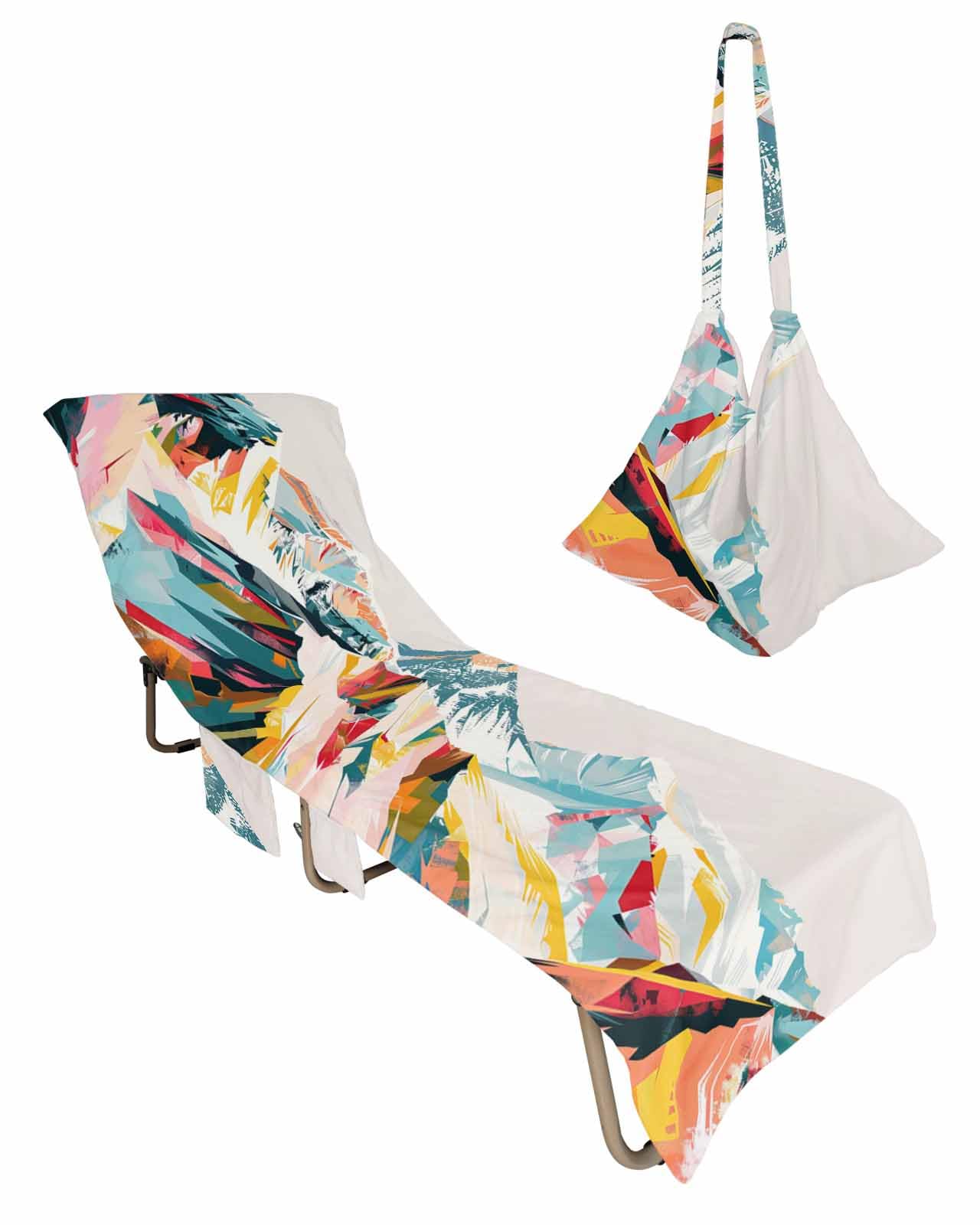 Mountains Teal Beach Chair Towel Covers for Chaise Lounge with Side Pocket, Soft Plush Pool Towels Cover for Patio Sunbathing Outdoor Yellow Red Turquoise Abstract Painting Art 29''x85''