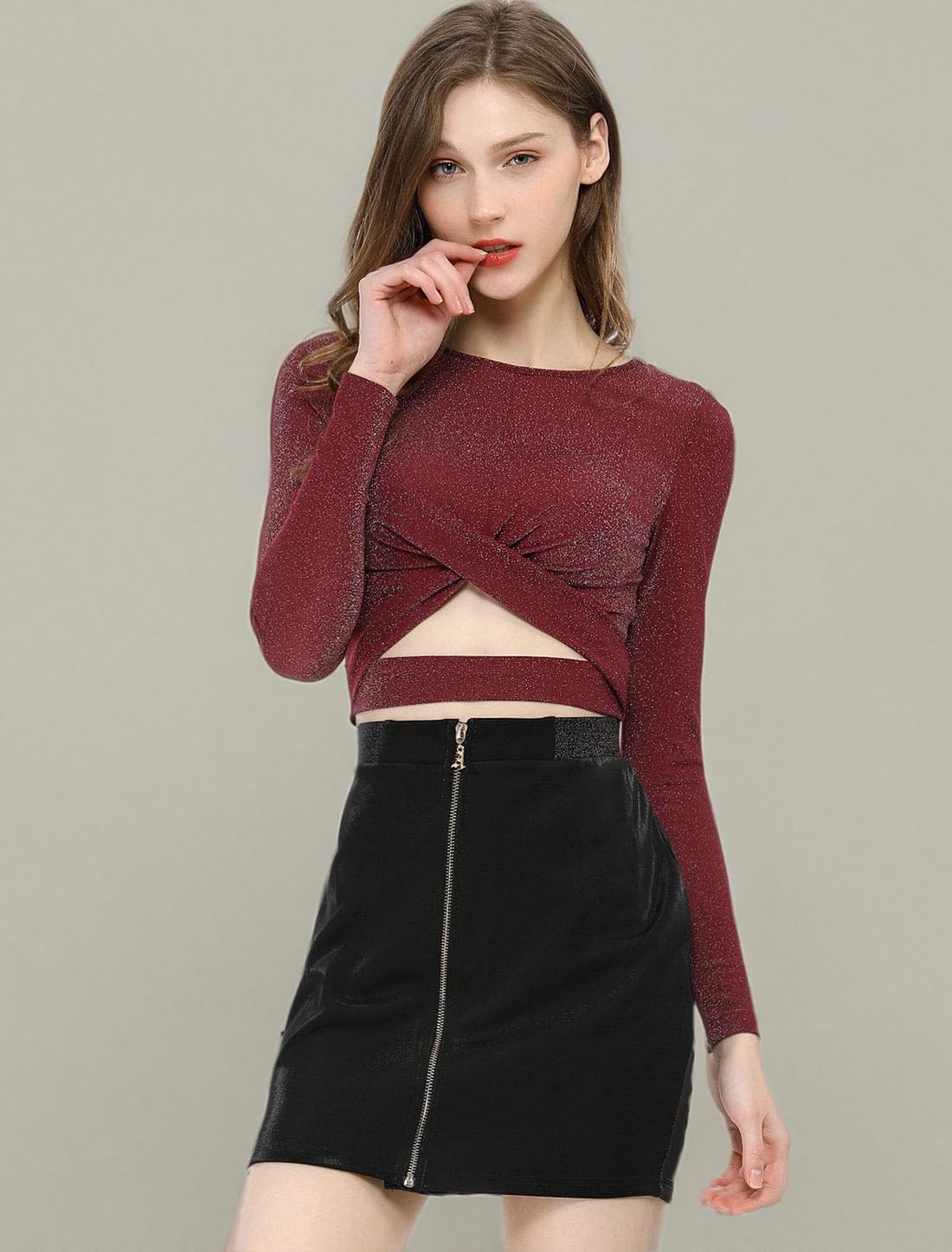 Allegra K Donna Top Festa Paillettes Twist Maniche Lunghe Taglio Cropped | Camicia Lucida con Design Frontale Completo Leggermente Elasticizzata Ottima per Club Concerto Cosplay