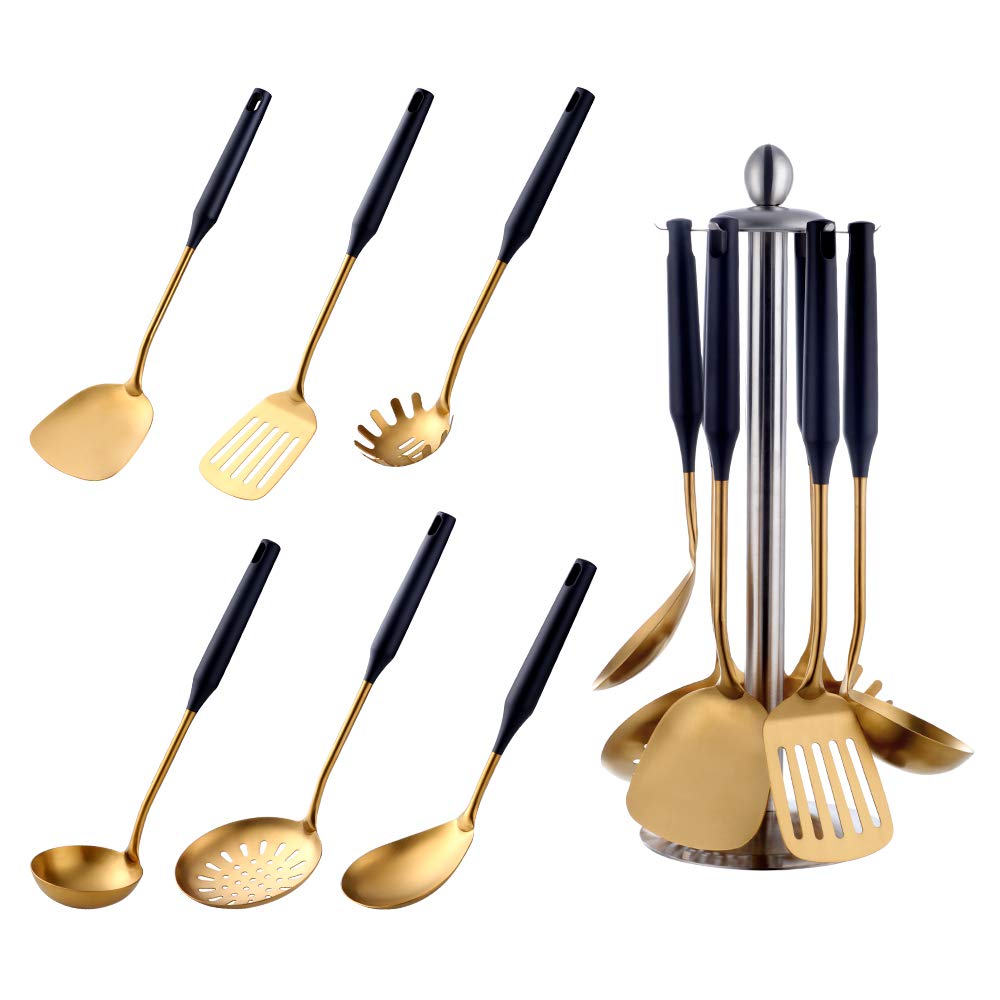 Buyer Star Ustensiles de Cuisine 6 pièces Acier Inoxydable Écumoire Louche Spatule de Cuisine Tourneur à Fente Riz Pasta Server avec Support