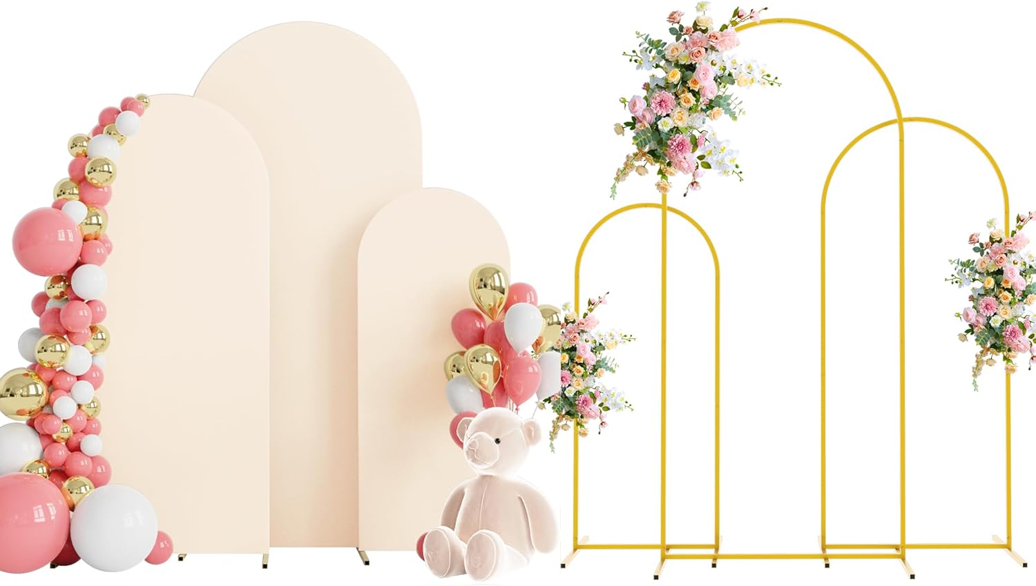 Wokceer Wedding Arch Stand Set of 3 and White Arch Cover 6FT, 5FT, 4FT Metal Arch Backdrop Stand with Arch Cover for Birthday Party Wedding Ceremony Bridal Baby Shower Event Decor 6ft, 5ft, 4ft Beige