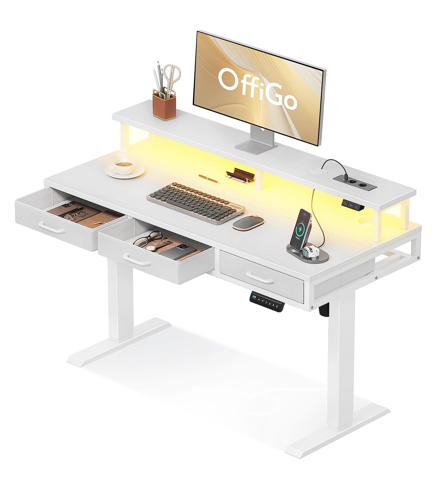 OffiGo Electric Desk, 120cm Adjustable Desk with 3 Drawers, RGB LED Strip & Charging Station for Home Office Computer Workstation, Computer Table with Monitor Stand, Warm White