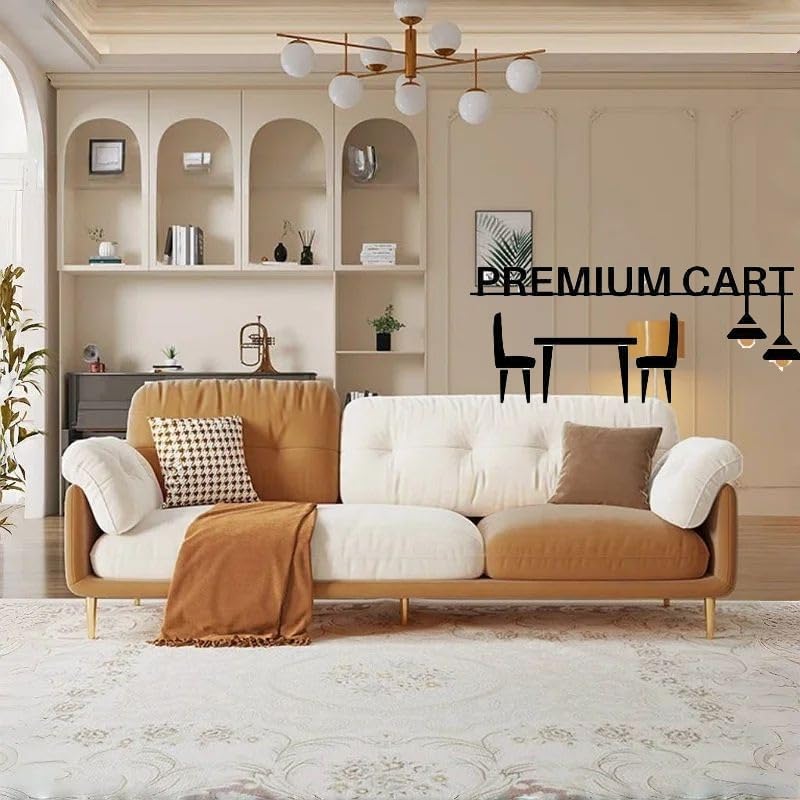 Image of Velvet Contemperory Sofa with Cushion Chaise Lounge Sectional Sofa Perfect for Living Room & Bedroom Guests Home & Office (Leather Brown & Suede Beige, Three Seater)