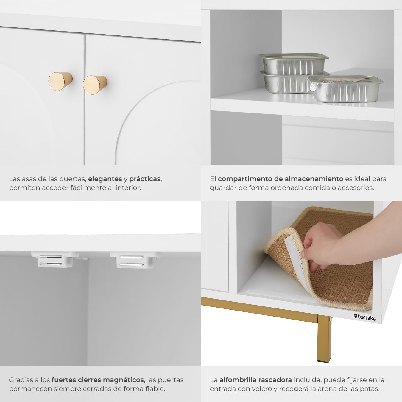 tectake® Mueble arenero Gatos 2 en 1 con Entrada Lateral y Puertas magnéticas, Compartimento Integrado, Alfombra arenero Gato, para Caja de Arena Gatos - Blanco/Dorado