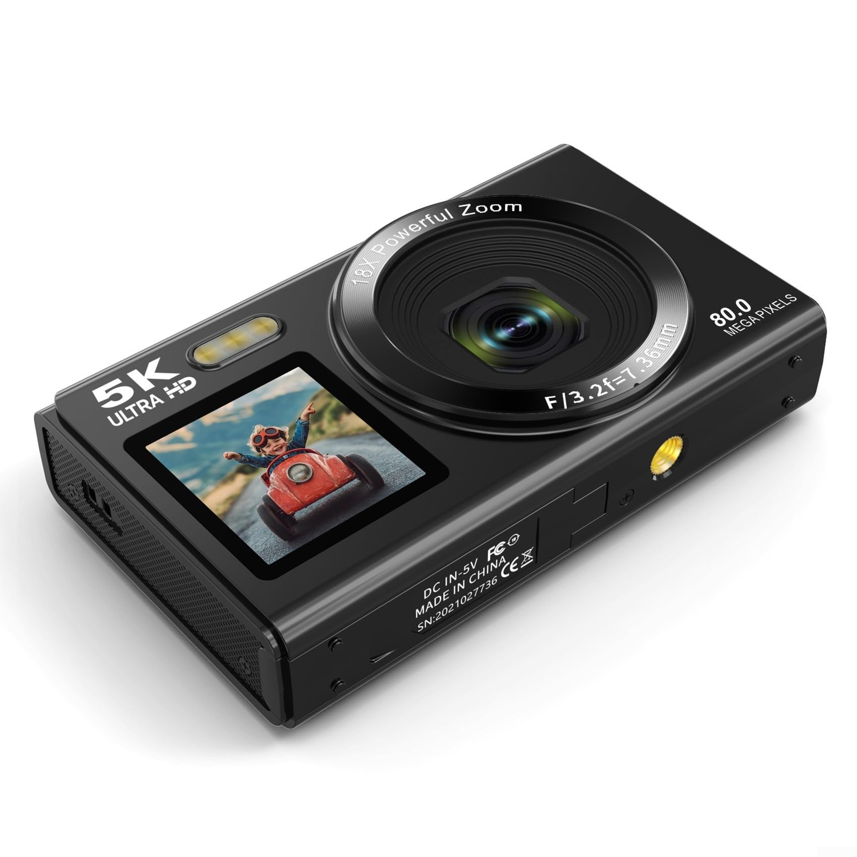 Fotocamera digitale 5K con risoluzione 80 MP, fotocamera a doppio schermo per vlogging, registratore video zoom 18x, trasferimento WiFi, fotocamera portatile da viaggio per studenti e contenuti (nero)