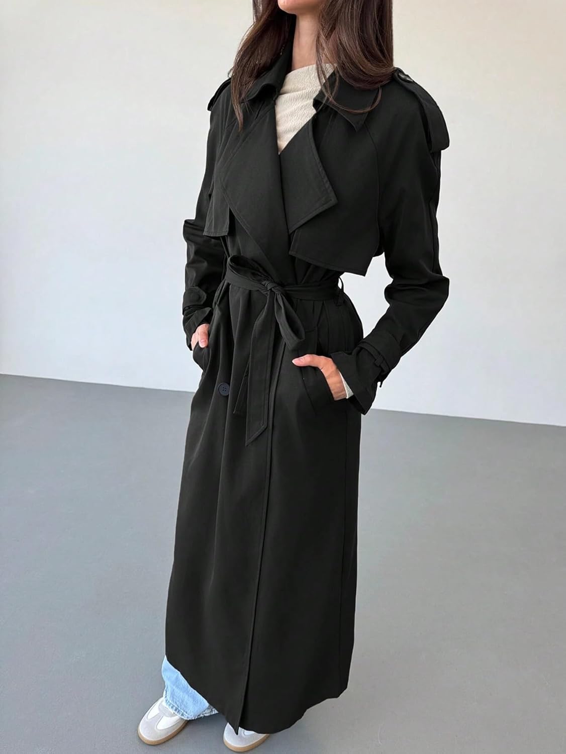 Womens Fashion Trench Outwear Long Waist Double-Breasted Lapel Trench Coat Jacket Coat