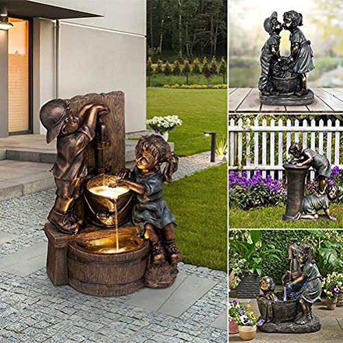 Boy and Girl Garden Outside Drinking Water Fountain