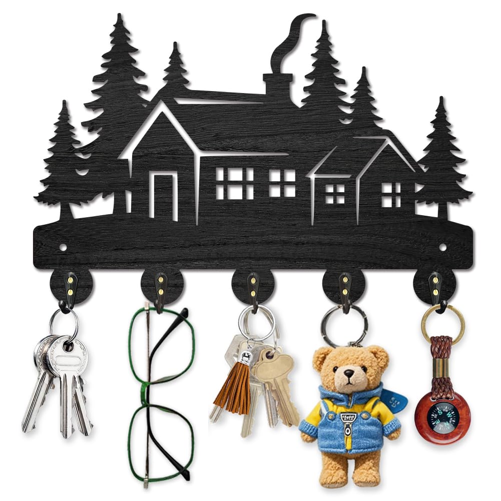 MAYJOYDIY Forest House Portachiavi in Legno Alberi Appendichiavi Cabina in Legno da Parete 30 x 20 cm Attaccapanni Decorativo da Parete con 5 Ganci in Lega per Ingresso Cucina Ufficio Camera da Letto