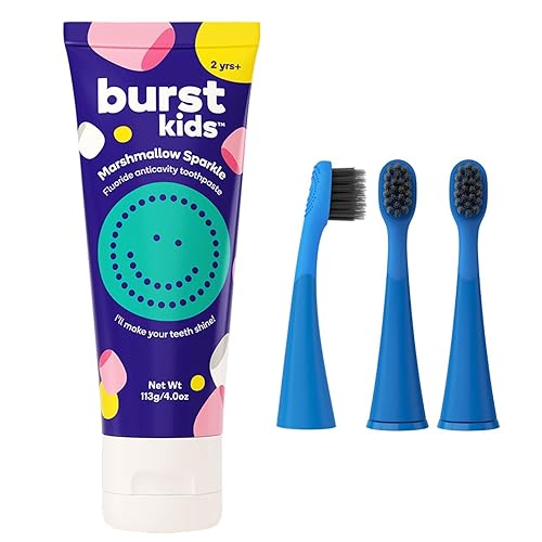 BURSTkids - Cabezales de repuesto para cepillos de dientes + pasta de dientes de malvavisco por BURSTKids, paquete de 3 cabezales de repuesto y 1