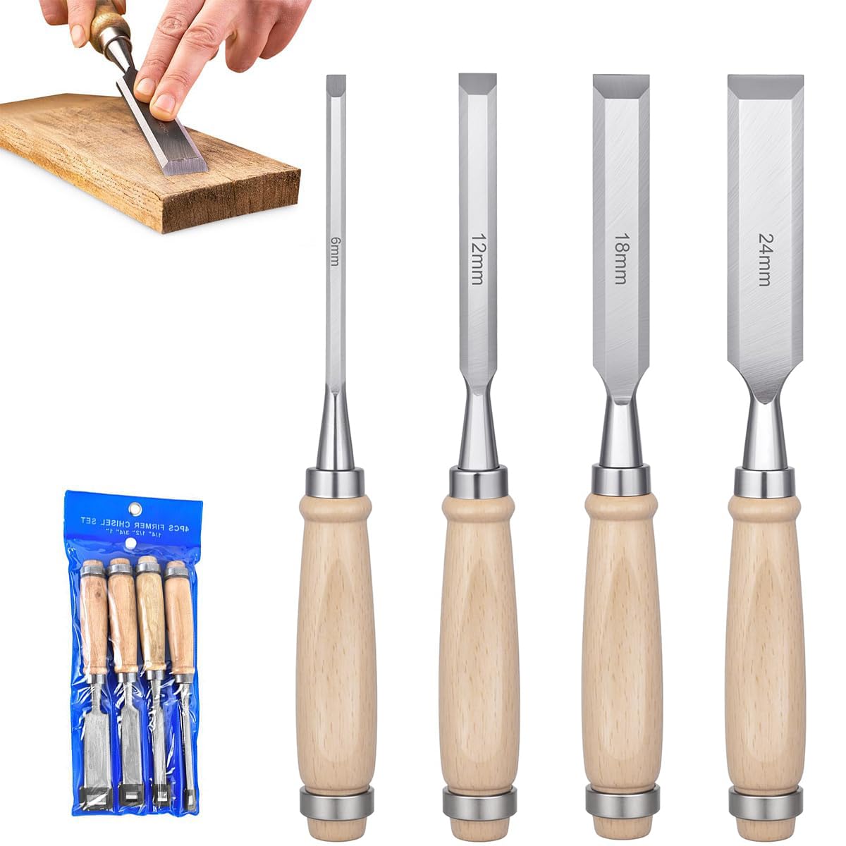 Serplex® Bevel-Edge Craft Chisel Set, Multi Sizes (4Pcs) for Woodworking, Durable Chrome Vanadium carbon Steel Blades with Ergonomic Wooden Handles for Carving, Shaping, and Detailing-image-30