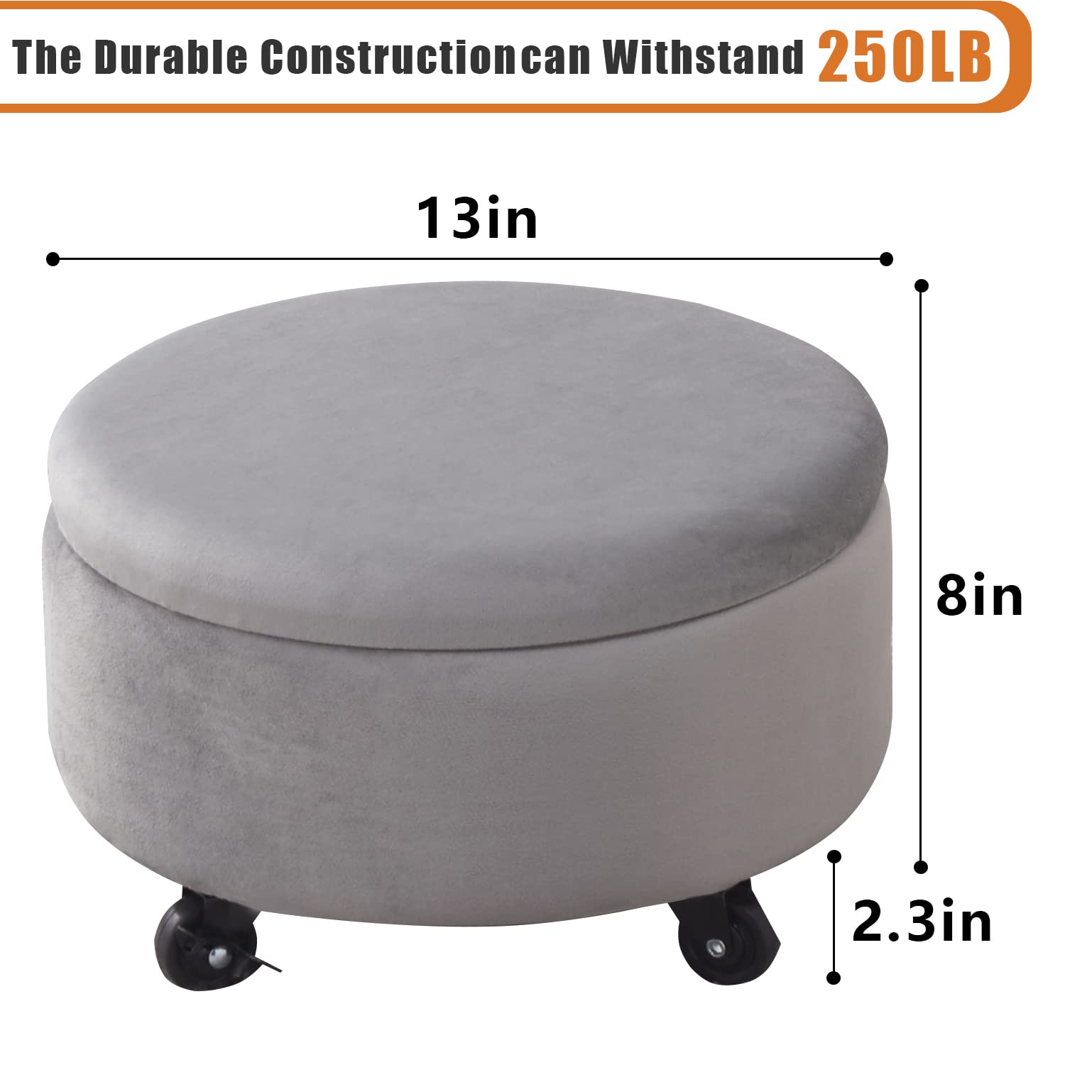 Mxfurhawa Velvet Storage Ottoman Round Wheel Stool Rolling Ottoman with