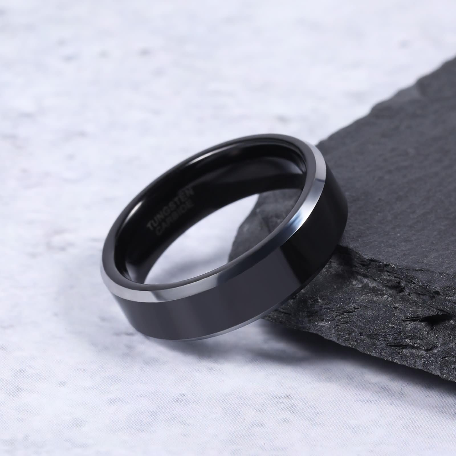 Anillos de Alianza Tungsteno Negro Plata Hombre para Grabar | 6MM/8MM Redondo Pulido,Diseño Atemporal,Ligero para Uso Diario,Resistente a Rayones,Ajuste Cómodo