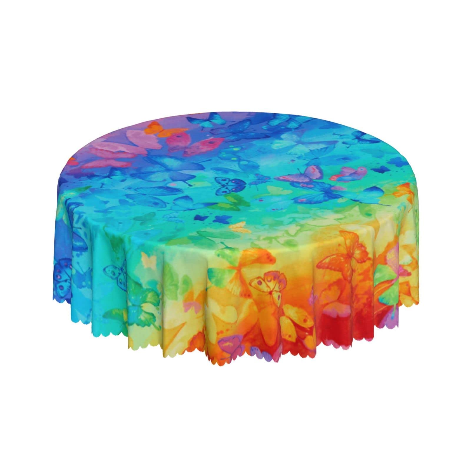Lsjuee Rainbow Butterfly Bright Round Tablecloth 60 Inch Printed Washable Tablecloth for Dining Party Holiday Fall Home Decorative