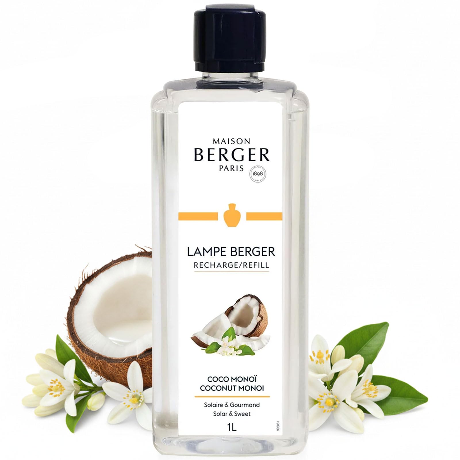 MAISON BERGER Ricarica Lampe Berger Coco Monoï, 1 L | Ricarica Coco Monoï 1 L per lampada catalitica Lampe Berger, circa 160 h, aiuta a neutralizzare gli odori