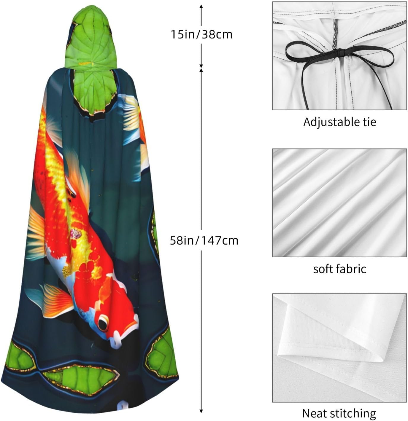 SSIMOO Koi Fish and Lotus Enchanting Adult Hooded Cape for Halloween and Party Costumes-Fashionable Women's Robes,Capes