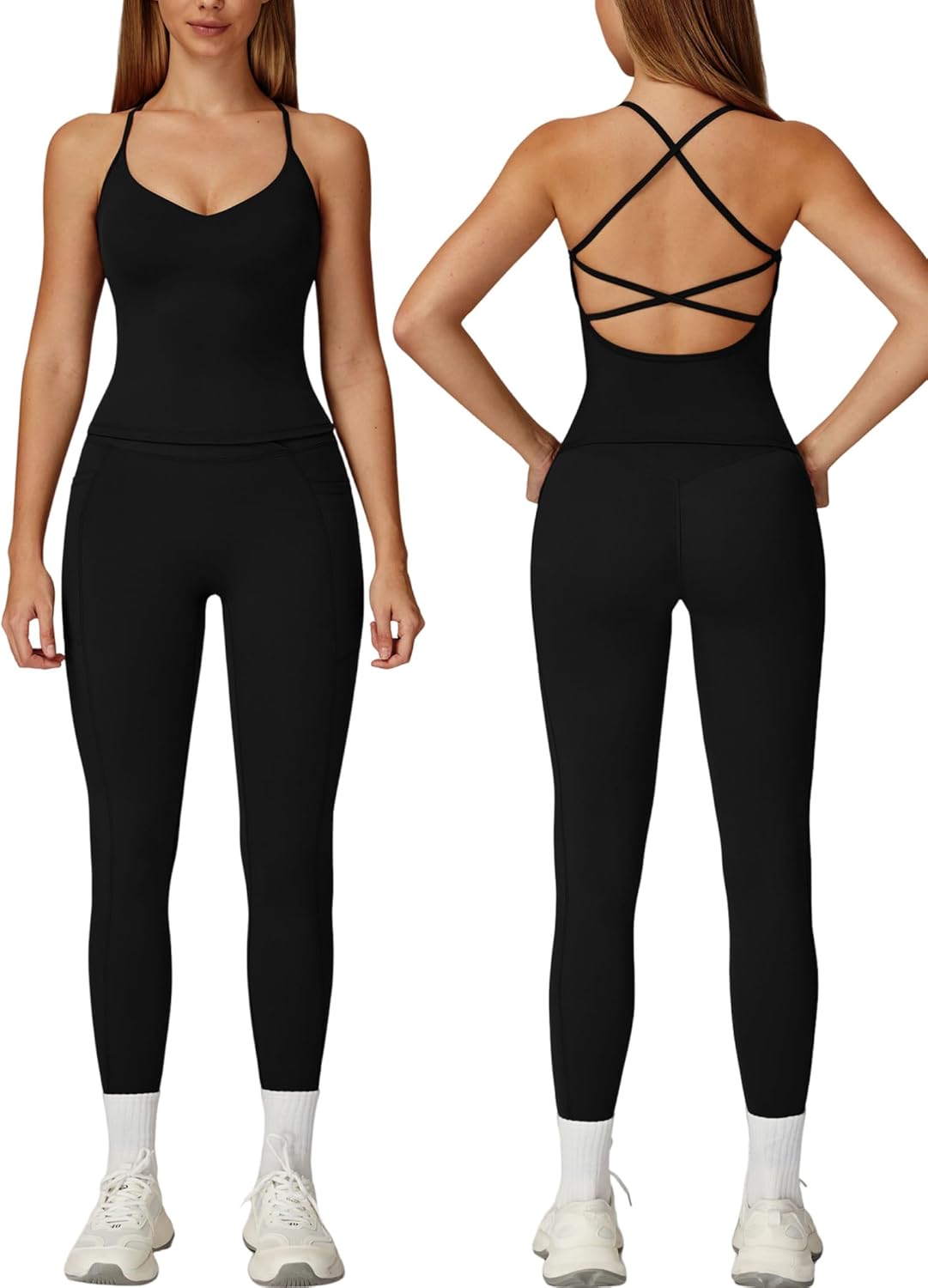 QBGJTD Womens Workout Sets Two Piece Cross Back Tank Top Matching High Waist Leggings Sets Gym Outfits Work Out Clothes