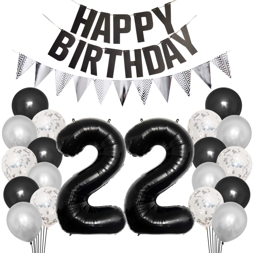Borsgye 22th Birthday Party Decorations Set for Girl Boy Women Men Black HAPPY BIRTHDAY Letter Banner Silver Sparkly Glitter Traingle Banner Confetti