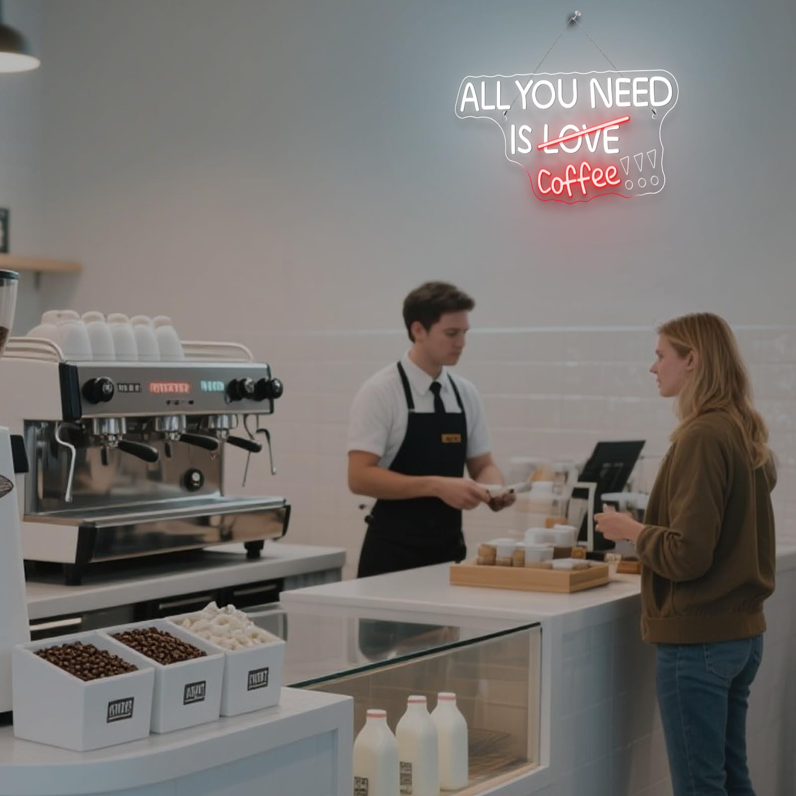 Horseneon Letrero de Café de Neón, Letrero Luminoso de Café, Toda la Necesidad Es Café Luz de Neón, Letrero de Neón LED de Palabra para la Pared Rosa Blanco Letrero de Neón de Café para Bar de Café