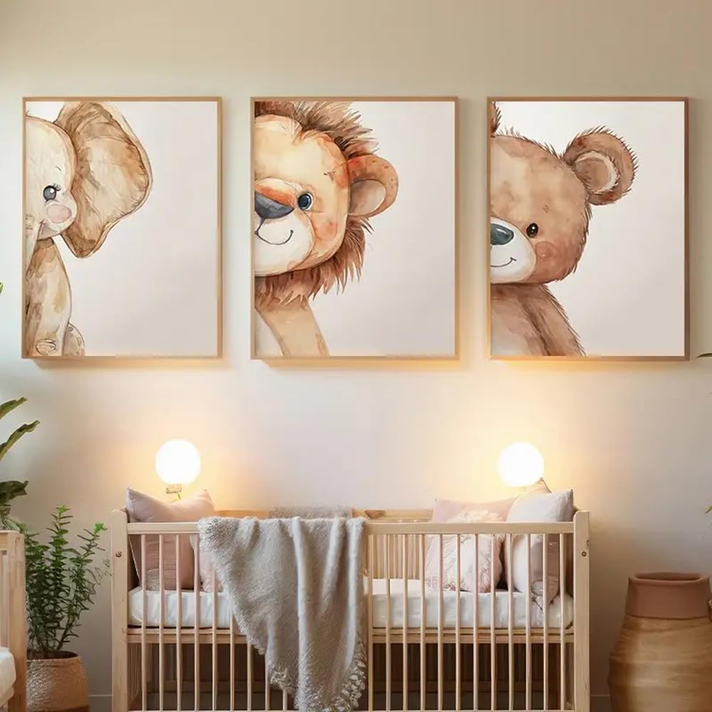 BeiYiHo 3 Affiche Chambre Bébé Beige Tableau Animaux Bebe Ours Lion Elephant Poster Enfant 30 40 Deco Ourson Chambre Bebe Poster Chambre Enfant Garcon Cadeau SANS CADRE
