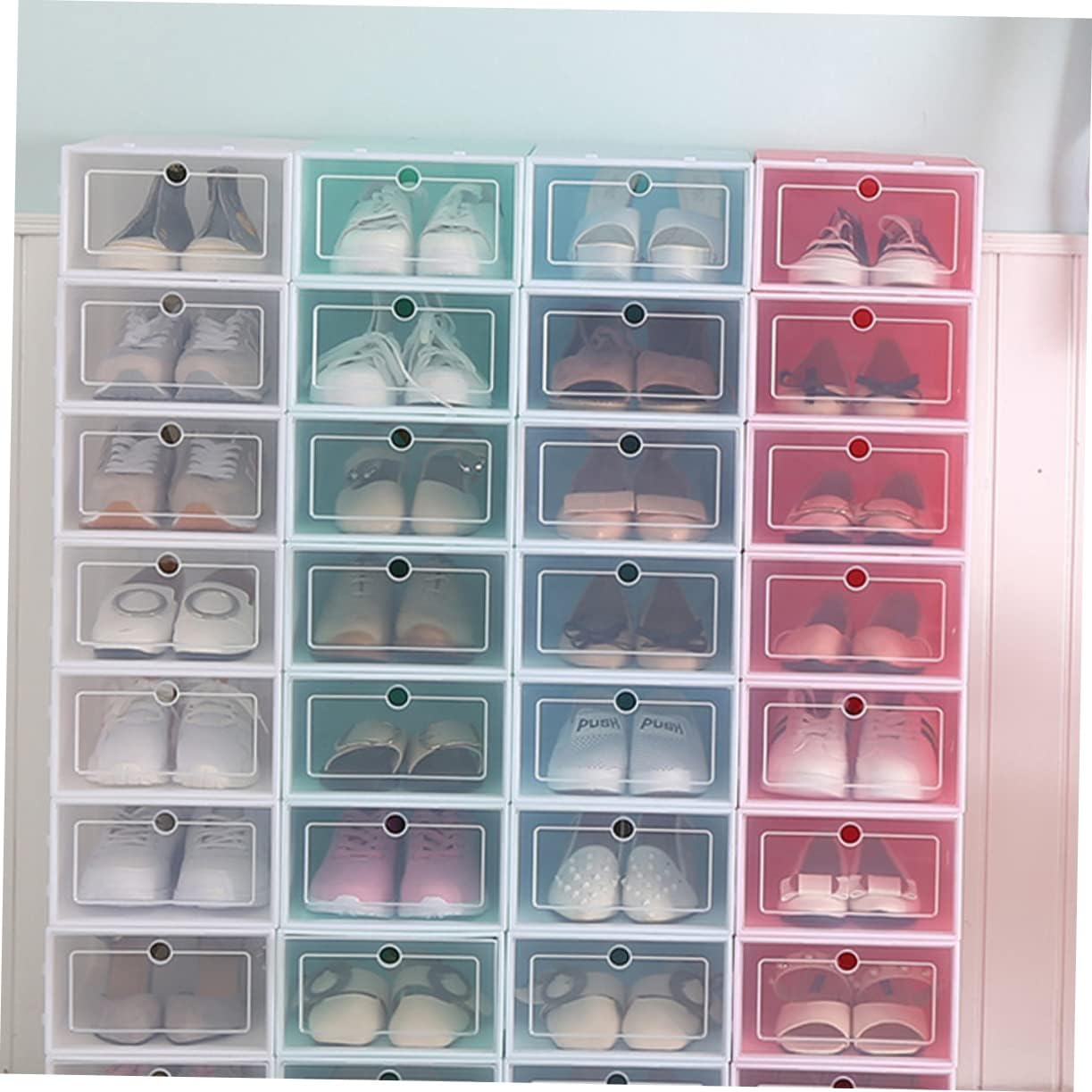 Mobestech 6Pcs Stackable Transparent Shoe Box Blue Plastic Storage Container for Organizing Footwear for Closets Entryways and Under Beds