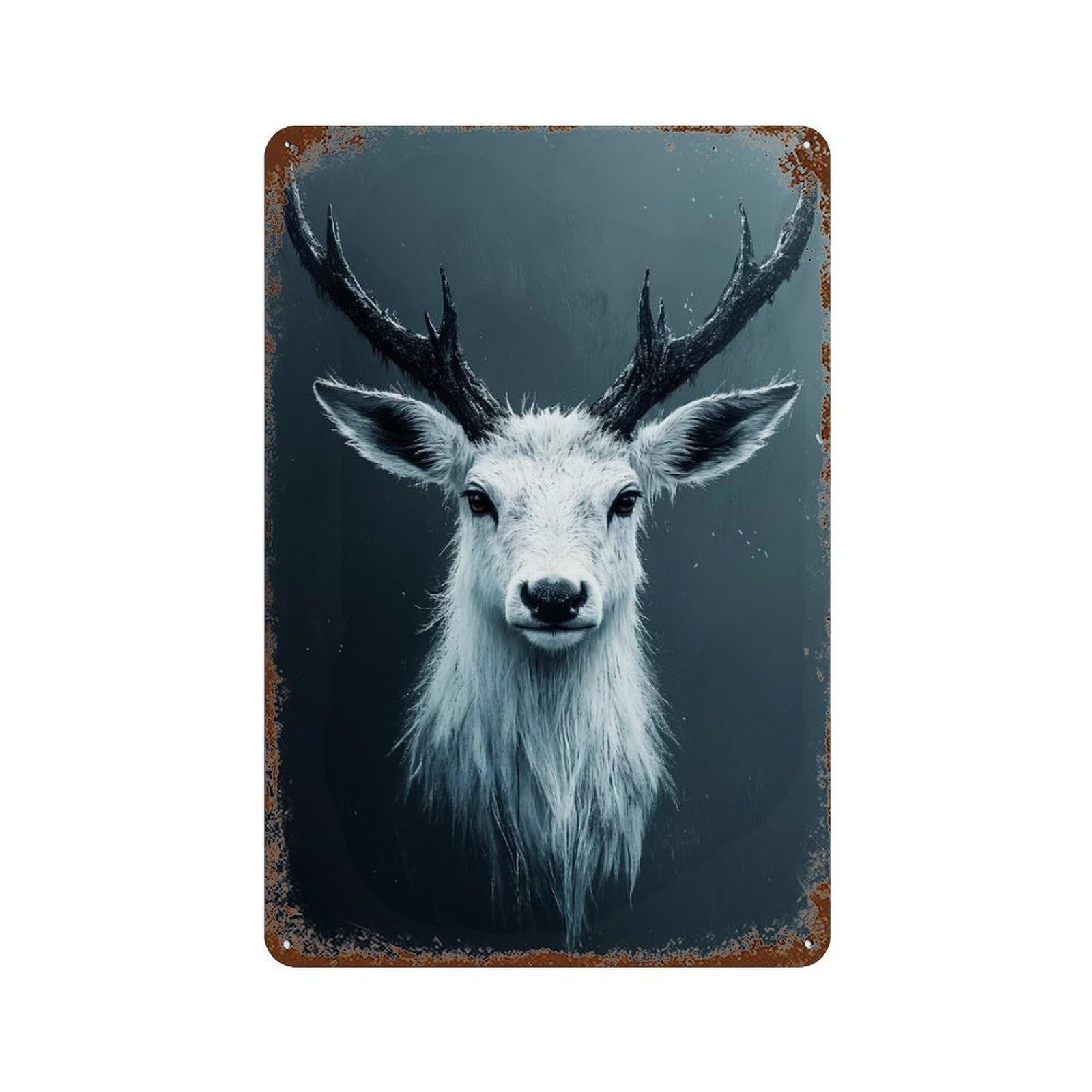 White Deer Portrait with Dark Antlers Vintage Metal Tin Sign 11.8"x7.9", Ideal for Living Room, Hallway And Home Decor