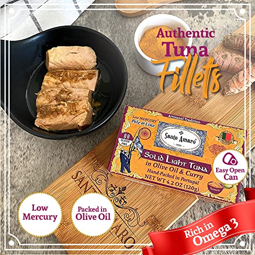 Image of Santo Amaro - Artisanal Wild Tuna Fillets in Olive Oil & Turmeric Curry, Pole & Line Caught from Portugal, Hand-Packed Goa-Style Natural Canned Tuna, 22g Protein, Keto, 124 Cal, Low Mercury, Pack of 6