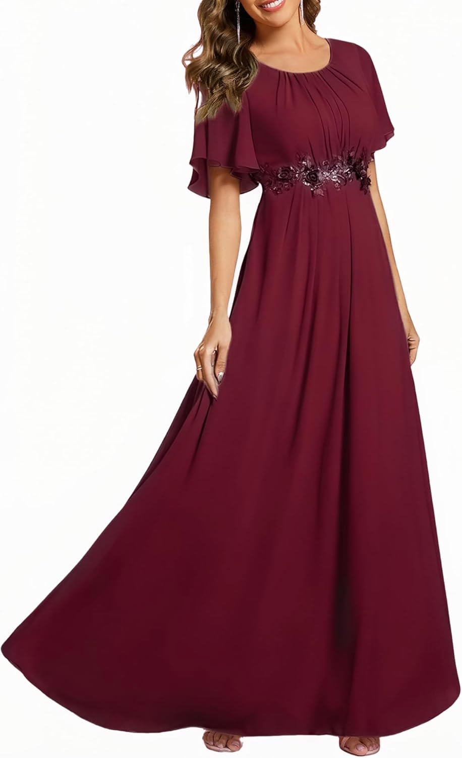 Ever-Pretty Women's Classic Round Neck Pleated Short Sleeves Chiffon Appliques Floor Length A Line Formal Evening Dresses