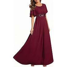 Ever-Pretty Womens Classic Round Neck Pleated Short Sleeves Chiffon Appliques Floor Length A Line Formal Evening Dresses