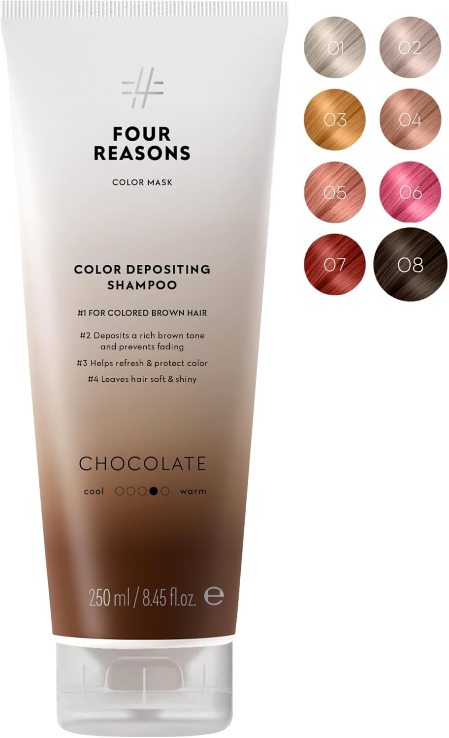 FOUR REASONS Hair Color Shampoo, Chocolate 8 Colours - Colour Depositing Shampoo, Semi Permanent Brown Hair Colour Shampoo for Women - Brown Toner for Hair, Sulfate Free, Vegan   250 ml
